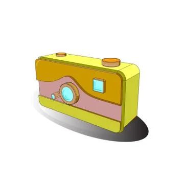Hanging retro camera. Vector. 3D. Isometry. Picture in white, gray and yellow co Stock Illustration