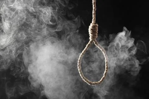 Hanging rope with loop and smoke on dark background. Suicide concept Stock-Fotos