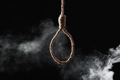 Hanging rope with loop and smoke on dark background. Suicide concept Stock-Fotos