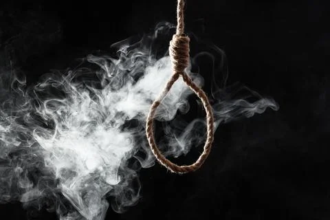 Hanging rope with loop and smoke on dark background. Suicide concept Stock-Fotos