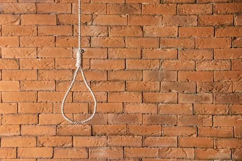 Hanging rope with loop on brick background. Suicide concept Stock Photos
