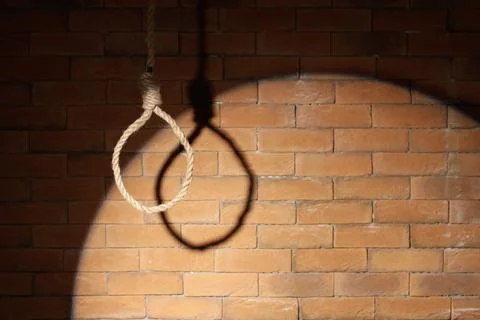 Hanging rope with loop on dark brick background. Suicide concept Stock Photos