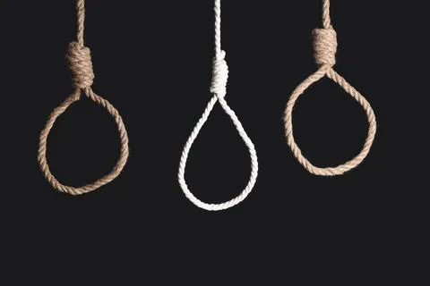 Hanging ropes with loops on dark background. Suicide concept Stock Photos