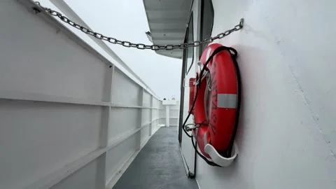 Hanging Safety Throw Ring on Large Boat Stock Footage 278687593