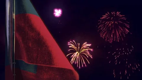 Hanging Samoa flag on fireworks sky bokeh background Stock Footage 260594345