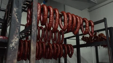 Hanging sausages in a meat processing facility displayed on metal racks, Stock Footage 332724179