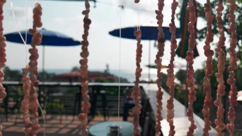 Hanging shell decoration gently swaying in breeze at tropical resort restaurant Stock Footage 305636611