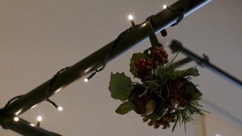 Hanging sparkly mistletoe, apple, pine cone Christmas decoration Stock Footage 295920536