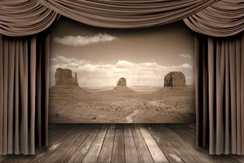 Hanging stage theater curtains with a desert  background Stock Photos