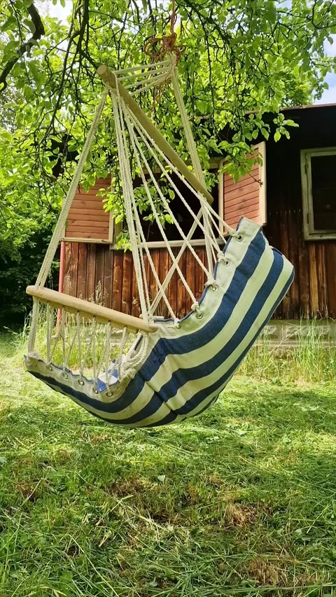 Hanging swinging textile chair on a tree in front of a wooden cottage Stock Footage 310080238