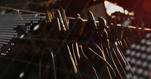 Hanging tools emerging as dot map scrolling and terminal text pulsing, Stock Footage 328330654