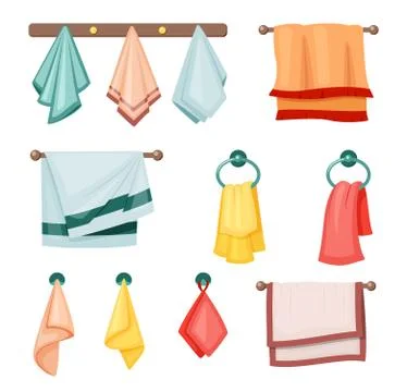Hanging towels set. Colored textile fabric for kitchen and bath soft spa salons Stock Illustration