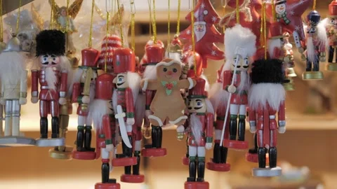 Hanging toys for Christmas tree: gingerbread man and nutcracker soldier. New Stock Footage 305750469