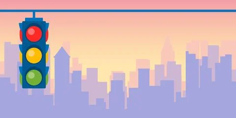 Hanging traffic light vector illustration flat urban landscape panorama Ilustración de archivo