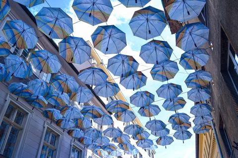 Hanging Umbrellas in Bratislava in the Spring Stock Photos