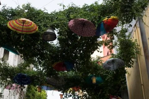 Hanging umbrellas Stock Photos