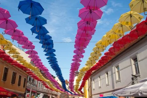 Hanging umbrellas Stockfoto's