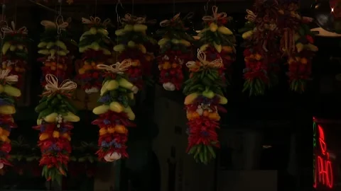 Hanging vegetables. Colorfully arranged. Stock Footage 159908862