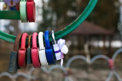 Hanging wedding padlocks Stock Photos