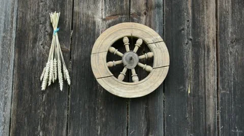 Hanging wheat and cornflower bunch on  ranch wall Stock Footage 11706761