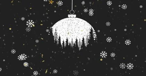 Hanging white bauble with tree silhouette on dark backdrop, with dotted loop, Illustrazione stock