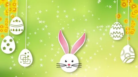Hanging white easter eggs on beautiful green blur background and cute bunny Stock Illustration