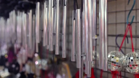 Hanging Wind Chimes Artistically Arranged in a Market Display Setting. Stock Footage 302264441