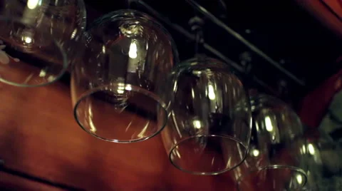 Hanging Wine Glasses In Bar Stock Footage 47649349