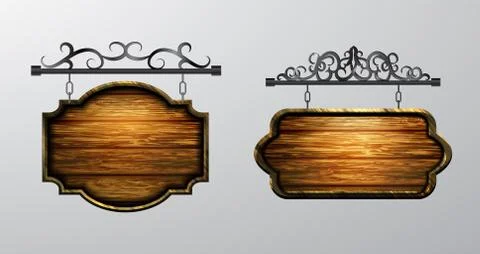 Hanging, wooden Board vector, wooden object for text. Stock Illustration