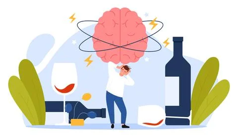 Hangover from alcohol overdose, tiny drunkard suffering from dizzy problem and Stock Illustration