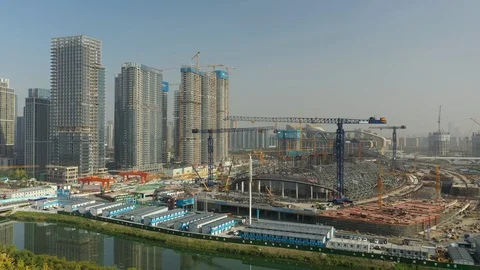 Hangzhou riverside olympic stadium complex construction yard aerial 4k china Видео 125492329