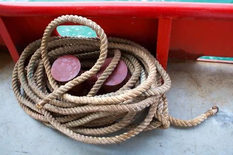 Hank thick rope on the deck of the ship Stock Photos
