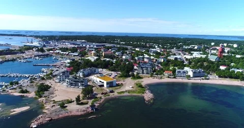 Hanko, Cinema 4k aerial view of hanko cityscape, bulevardi beach and east har Stock Footage