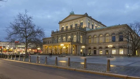 Hannover Opera House at winter evening. A theater built in classical style Stock Footage 84548030