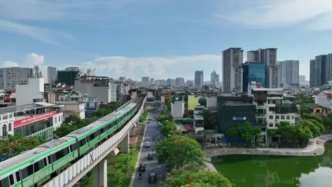 Hanoi Cat Linh–Ha Dong Elevated Metro Train Passing Over Dong Da Lake Stock Footage 344742677