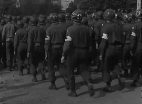 HANOVER, GERMANY - 1945: Victory formation - Infantry marches behind the US flag Stock Footage 344902525