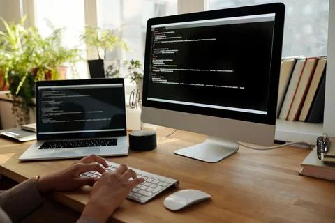 Hans of young female programmer or IT manager typing on computer keyboard 스톡 사진