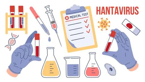 Hantavirus medical testing vector set with blood tubes, syringe, clipboard Stock Illustration