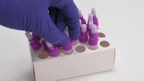 Hantavirus testing in a lab with samples and vials in focus Stockbeeldmateriaal 334602572