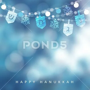 Hanukkah blue greeting card, invitation with string of lights, dreidels and Stock Illustration