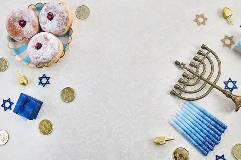 Hanukkah Celebration framework. Flat Lay Stock Photos