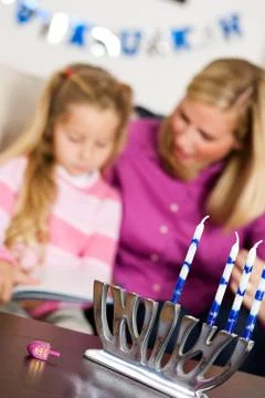Hanukkah:  focus on menorah and dreidel Stock Photos