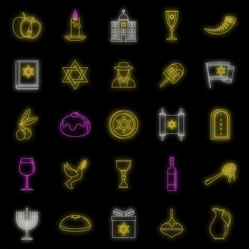 Hanukkah holiday icon set vector neon Stock Illustration