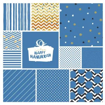 Hanukkah seamless patterns collection. Blue backgrounds with polka dots, line Ilustração Stock