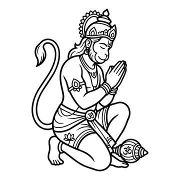 Hanuman kneeling in prayer posture vector illustration with sacred om symbo.. Stock Illustration