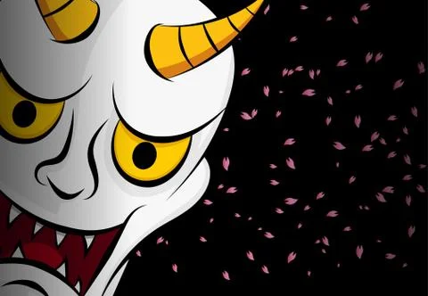 Hanya mask ; Evil ghost face on black with sakura Stock Illustration