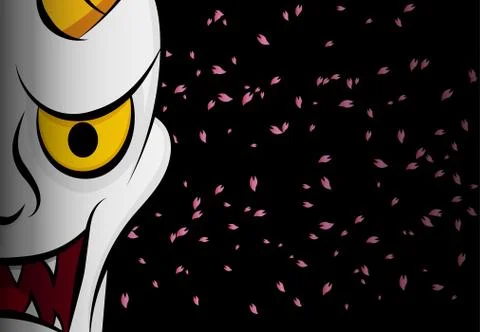 Hanya mask ; Evil ghost face on black with sakura Stock Illustration