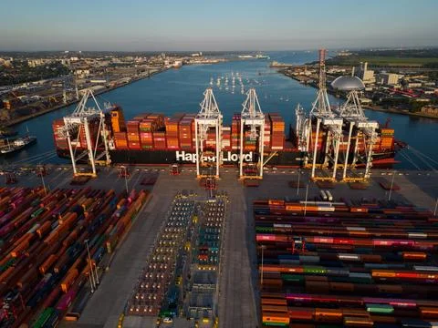 Hapag-Lloyd container ship at sunset Southampton UK city view Stock Photos