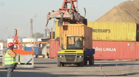 Hapag-Lloyd Container trucks and crane Stock Footage 68232354