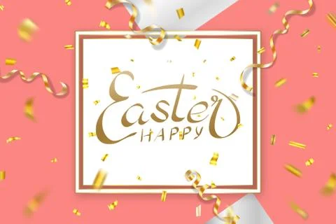 Happe Easter background, lettering, confetti. Greeting Easter 3D card. Gold d 库存插图